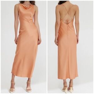 Significant Other Aila Dress Open Back Cowl Neck Satin Midi Nougat